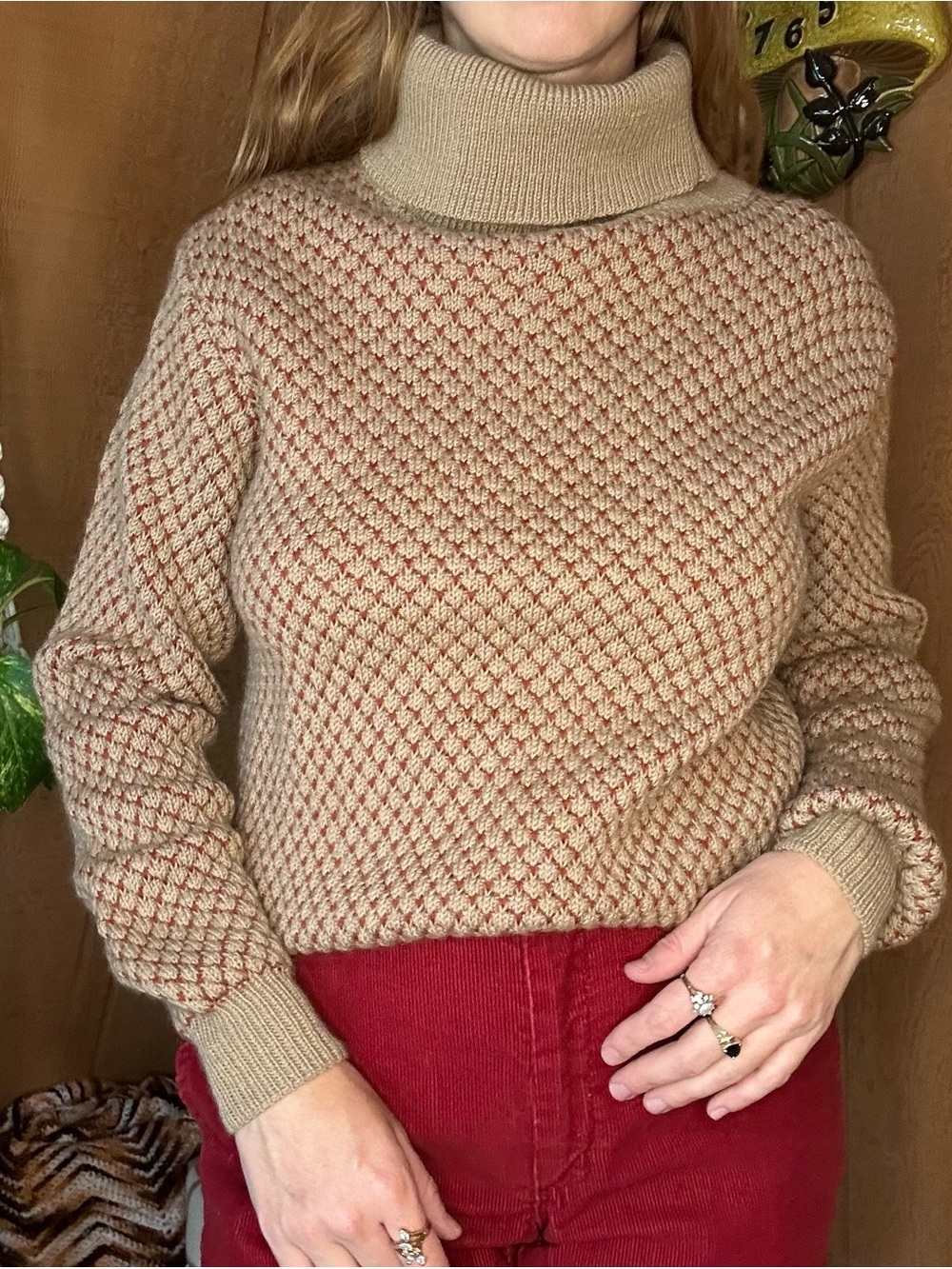 Vintage Handmade Beige & Rust Textured Knit Turtleneck Sweater